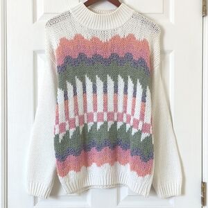 Rafferty 90's Vintage Funky Jacquard Knitted By Hand Mock Neck Sweater White M